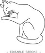Isolated black outline cartoon sitting cat licks paw on white background. Curve lines. Page of coloring book. Editable stroke.