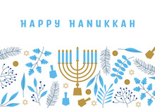 Happy Hanukkah. Celebration With Menorah And Dreidels, Flowers. Blue And White Design. Hanukkah Religion Holiday Background With Flowers