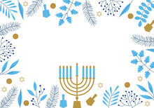 Happy Hanukkah. Celebration With Menorah And Dreidels, Flowers. Blue And White Design. Hanukkah Religion Holiday Background With Flowers