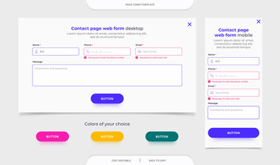Wall Mural - contact page web form banner template. popup form. web design template. collection of color buttons.