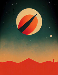 A retro space poster in a vintage travel illustration style