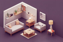 3d Illustration Of Isometric Comfortable Room With Furniture