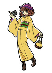 Wall Mural - Anime style full body illustration of a kimono girl with a camera	