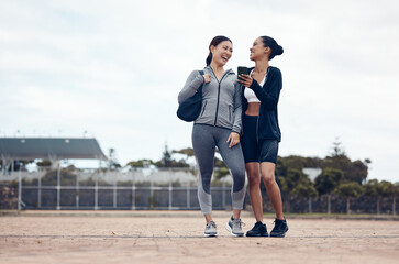 Poster - Fitness, friends and women laugh at phone while walking to gym, fun and workout goals with personal trainer. Health, exercise and happy woman with friend reading funny message on social media outside