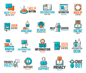 Poster - Support center, information and instruction, guide and help, privacy policy icons. User consultant or chat bot, client callcenter minimal icons, customer hotline or helpdesk thin line vector symbols
