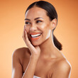 © K Abrahams/peopleimages.com - Happy, woman and beauty smile for skincare, relax and luxury treatment against a studio background. Beautiful female smiling with teeth in satisfaction for healthy skin cosmetics and body care