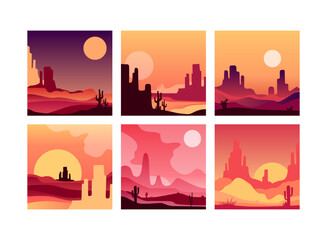 Sticker - Sunset in Desert with Red Sun and Sandy Dunes with Cactus Vector Set