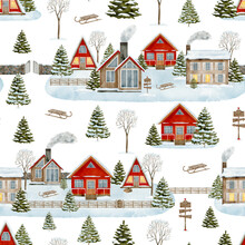 Watercolor Christmas Seamless Pattern With Winter Houses. Hand Painted Wood Cabins With Fence And Snowy Fir Trees Isolated On White. Cozy Village Background Design For Wrapping, Wallpaper