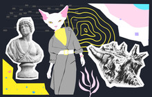 Fashion Digital Illustration Collage Art. Mixed Animal, Geometry And Abstract Creative 
Objects. Stylish Zine Design