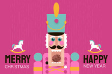 Nutcracker With Open Mouth And Nut. Doll Guard In Paper Cut Style. Cute Soldier Toy. December Ballet Party. Creative Merry Xmas Invitation. Happy New Year. Winter Holidays On Pink.