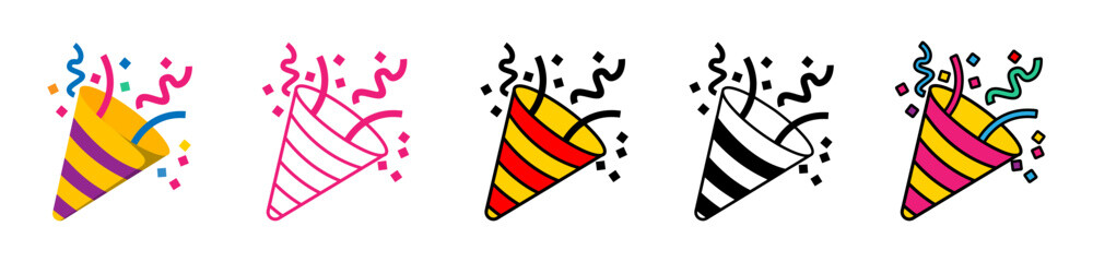 Party popper emoji icons with ribbon and confetti.Congratulate and celebrate elements.Confetti logo.Vector party poppers set.Exploding cracker icon.