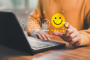 Poster - Man hand using computer laptop with popup five star icon for feedback review satisfaction service, testimonial. Customer service experience and business satisfaction survey.