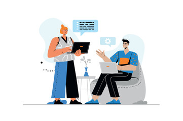 Programming concept with people scene in flat style. Man and woman developers working with abstract computer language code and scripts in office. Vector illustration with character design for web