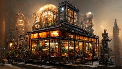 Steampunk restaurant exterior in futuristic town street view illustration design