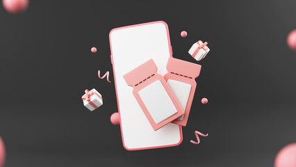 Sticker - 3D Render Of Smartphone With Gift Cards, Gift Boxes, Balls, Confetti On Black Background.