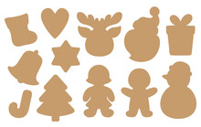 Die Cut Silhouette Shapes For Christmas Cookies Or Tags. Christmas Templates For Cutting Machine, Paper Craft. Vector Icons Set. Xmas Motifs Isolated Silhouettes Cutter Knife Shape.