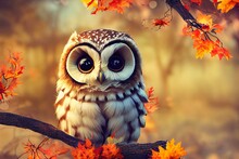 Stunning Photorealistic Illustration Of Cute Owl Sitting On The Branch. Ai Generated Illustration, Is Not Based On Any Original Image, Person Or Character