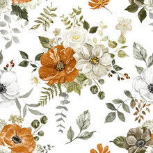Neutral-colored Floral Seamless Pattern. Watercolor Rust, Burn Orange, Brown And White Flowers, And Foliage Seamless Pattern. Rustic Botanical Painted Wallpaper.