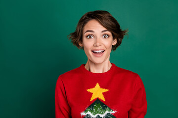 Wall Mural - Photo of hooray brown hair millennial lady wear red ugly sweater isolated on green color background