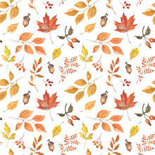 Natural Wallpaper Design. Watercolor Autumn Leaves And Foliage Seamless Pattern On White Background. Botanical Fall Print.