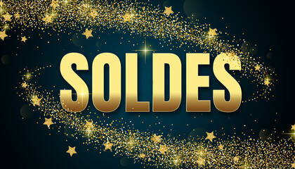 soldes in shiny golden color, stars design element and on dark background.