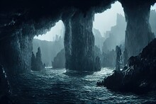 Fantasy Concept Showing A Fingals Cave, Scotland Unusual Basalt Columns Formed By Lava Flow.