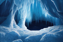 3D Digital Illustration Of An Ice Cave Ecosystem With Ice Frost Stalactites. Fantasy Magic Cave With Opening And Natural Light In A Mountai Glacier. Frozen Blue And Icy Interior Concept Art