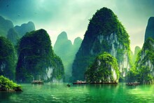 Ha Long Bay, Vietnam Limestone Formations Jetting Out Of The Green Water. UNESCO World Heritage Site
