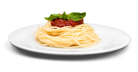 Spaghetti on plate top view with clipping path against green background