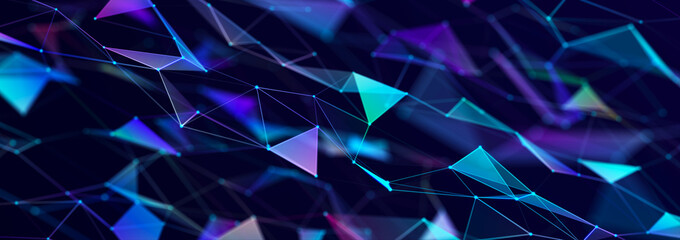 Structure of connected lines and dots. Wireframe polygonal elements on a dark background. Science and technology. 3d