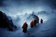 Digital Illustration Of Pilgrimage Of Monks Across Mountains Of Tibet. Buddhist Religious Figures In Red Robes Hiking On Mountain Path. Tibetan Monks On A Pilgrim Journey Across Mountain Range.