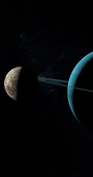 Oberon moon orbiting around Uranus planet in the outer space. 3d render