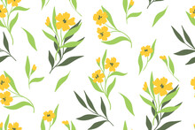 Seamless Floral Pattern, Romantic Botanical Print With Hand Drawn Wild Plants In Abstract Arrangement On White Background. Cute Flower Design With Small Yellow Flowers, Leaves. Vector Illustration.