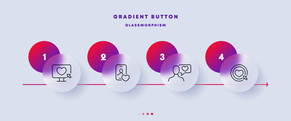 Dating app set icon. Monitor, heart, like button, cursor, phone, speech bubble, communication, couple, love, date. Long distance relationships concept. Glassmorphism. Vector line icon for Business