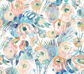  mix watercolor silhouette seamless pattern with Ranunculus roses flowers and protea for textile