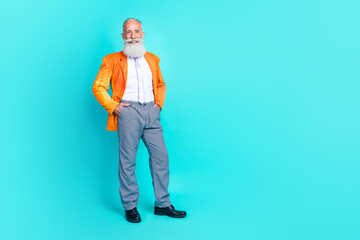 Poster - Full length photo of attractive man trendy outfit ready celebrate corporate hand pocket empty space isolated on cyan color background