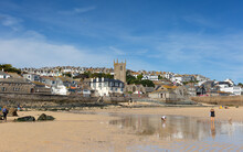 St. Ives Beach During Low Tide Revealing The Sandy Seabed Cornwall England 27 August 2022