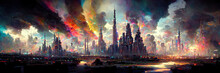 Fantasy Science Fiction City. Digital Painting. Fictional Abstract Realm. Futuristic Concept Art. Colorful Artistic Landscape.