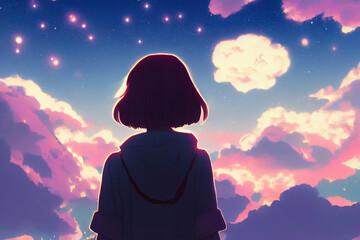 Anime girl looking at the night sky. Manga cartoon character alone. Moment of emotion. Thinking while stargazing at the clouds. Beautiful cute woman being sad depressed. Moment of hope. Digital art.