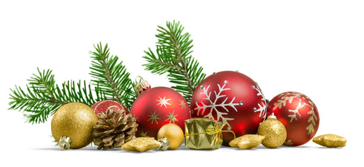 Christmas toys on fir tree branch , isolated on white