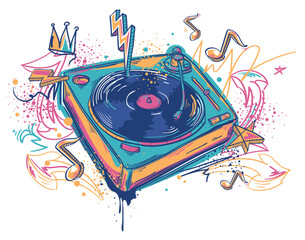 Wall Mural - Drawn graffiti turntable and musical notes, colorful music design