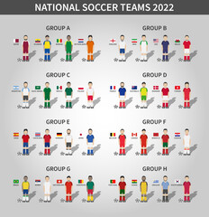 Aufkleber - Qatar soccer cup tournament 2022 . 32 teams group stages and cartoon character with jersey and country flags . Vector .