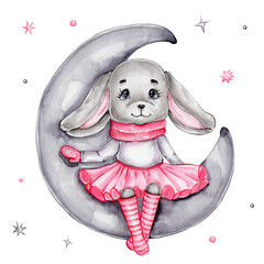 Bunny girl sits on grey moon; watercolor hand drawn illustration; with white isolated background