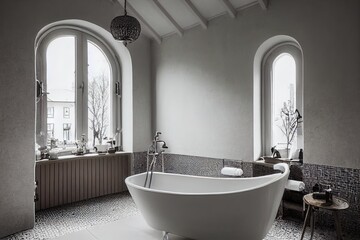 Wall Mural - Small interior of bathroom in the attic with window, bath, stylish tiles, toilet and ceramic wash basin in vintage style. Scandinavian style in modern hotel.