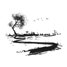 A Tree And A Road. An Ink Illustration, A Tree And A Road Leading To The Cemetery.