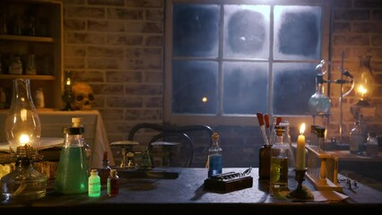 scary halloween laboratory background with glowing and bubbling potions
