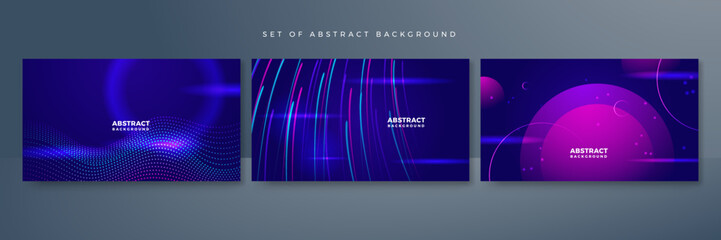 Wall Mural - Set of modern digital business technology blue purple abstract design background with lines, waves, speed lights, motion, data concept, science element, cyberspace shapes, and connection lines.