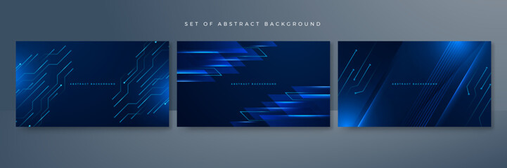 Set of modern digital business technology dark blue abstract design background with lines, waves, speed lights, motion, data concept, science element, cyberspace shapes, and connection lines.