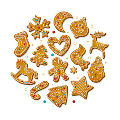 Wall Mural - Christmas gingerbread cookies in cartoon style isolated on white background. Sweet sugar biscuits in circle composition. Festive baked xmas ornate and icing crackers. Cute Vector illustration