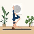 Headstand / Sirsasana. Flexible Woman doing inverted yoga asana pose exercise workout at home studio fashion illustration painting portrait poster of person practicing yoga interior